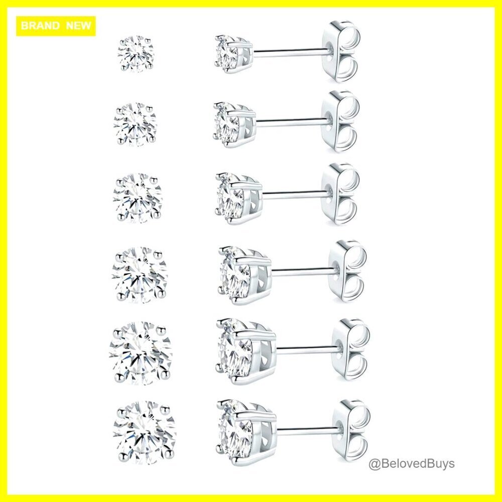 18K White Gold Plated Cubic Zirconia Stud Earrings Pack of 6 Pairs